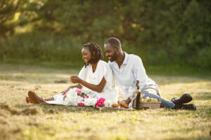 Carefree relaxed couple enjoying picnic together